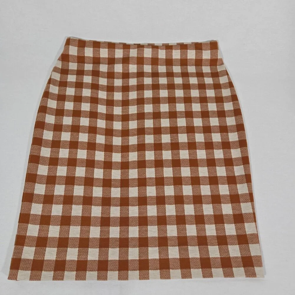 ACADEMIA - SIREN Brown & Beige Checkered Ponte Knit Pencil Mini Skirt PETITE XSP - Picture 9 of 16